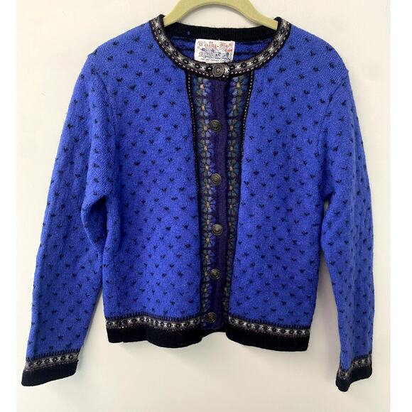 Vintage Tally Ho Blue Thick Wool Floral Button Up High Neck Patterned Sweater S - Picture 2 of 8